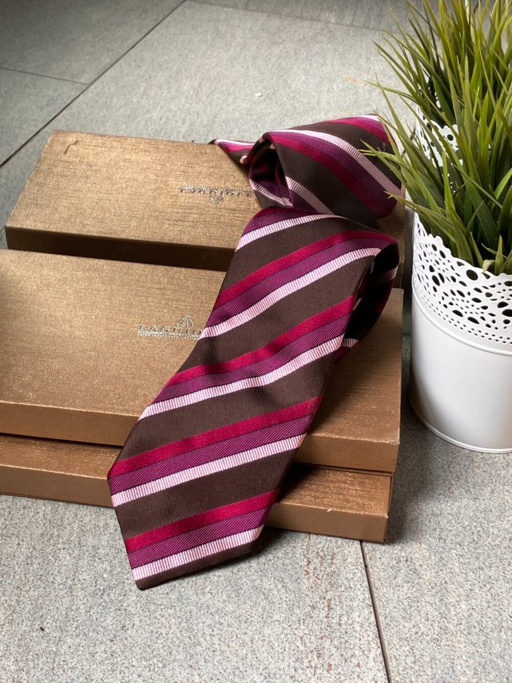 Hugo Boss Silk Tie – Brown Burgundy Pink Striped Classic Designer Necktie